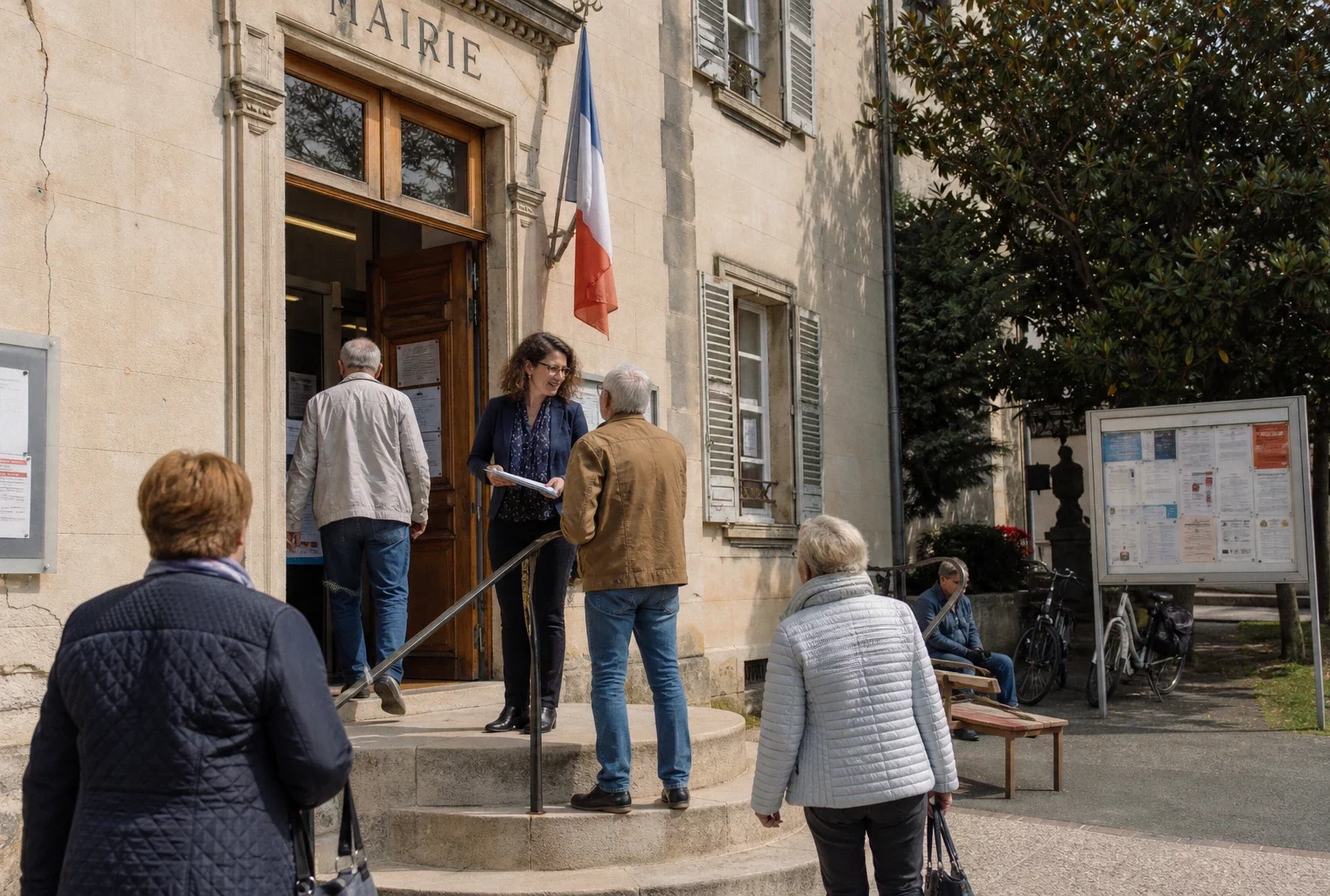 Des habitants anonymes échangent sur le parvis d’une mairie française, dans une scène de vie citoyenne en lumière naturelle.