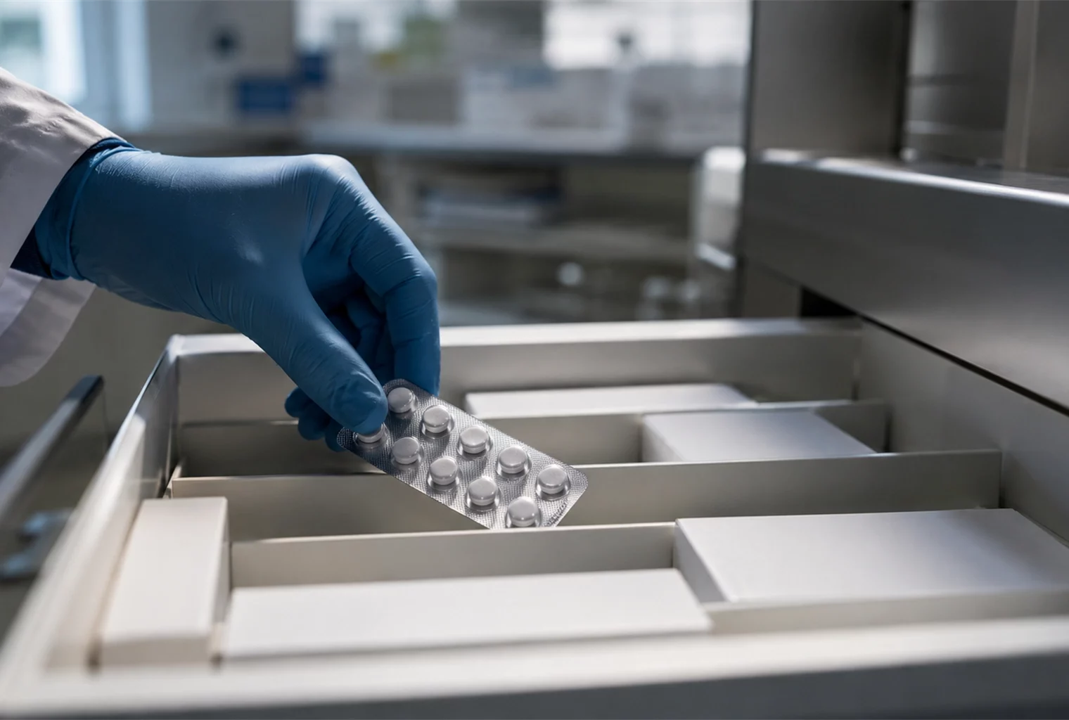 Main gantée d’un pharmacien saisissant une plaquette de comprimés dans un tiroir de pharmacie presque vide.