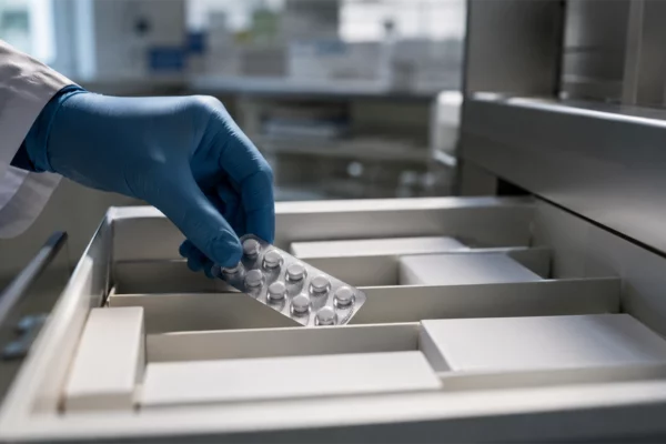 Main gantée d’un pharmacien saisissant une plaquette de comprimés dans un tiroir de pharmacie presque vide.