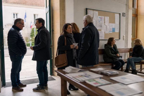 Des citoyens échangent avec des élus locaux dans une permanence municipale lumineuse, devant une mairie française.