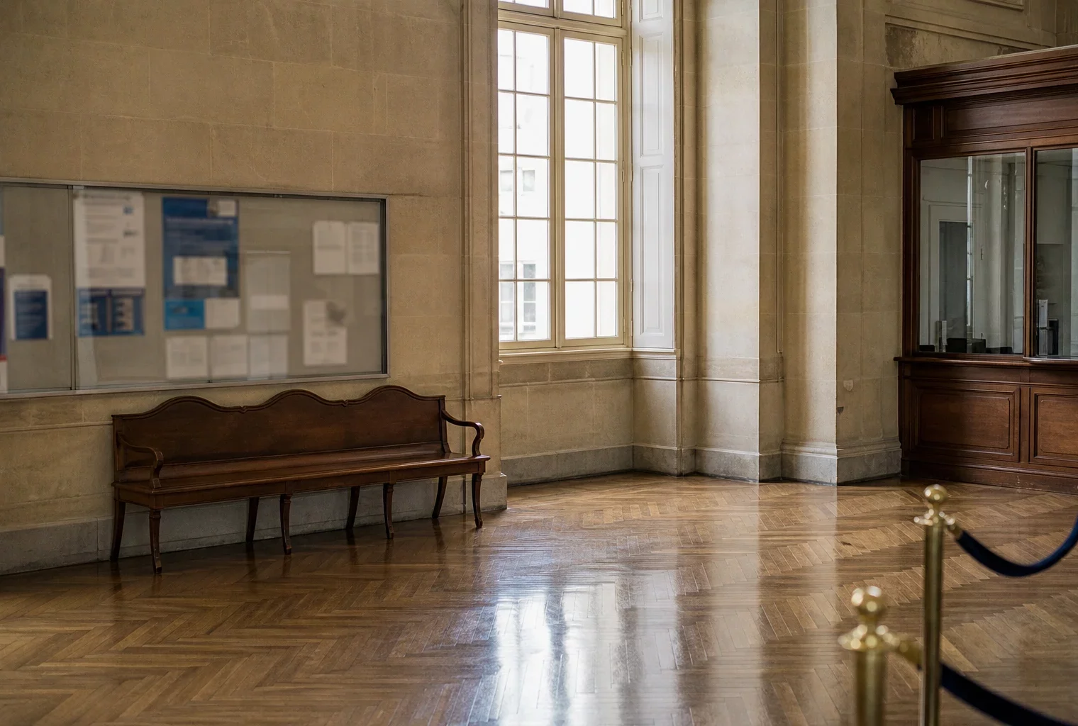 Intérieur vide d’un bâtiment public français, avec lumière naturelle, parquet, pierres claires et comptoir en arrière-plan.