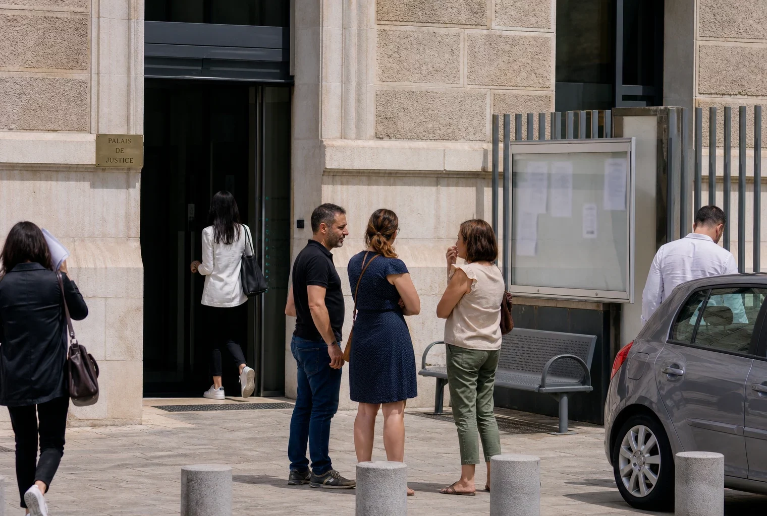 Cour calme devant un bâtiment de sécurité publique en France, avec des passants anonymes et une ambiance de reportage