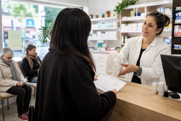 Salle d’attente lumineuse d’une pharmacie française avec soignant anonyme et patient de dos.