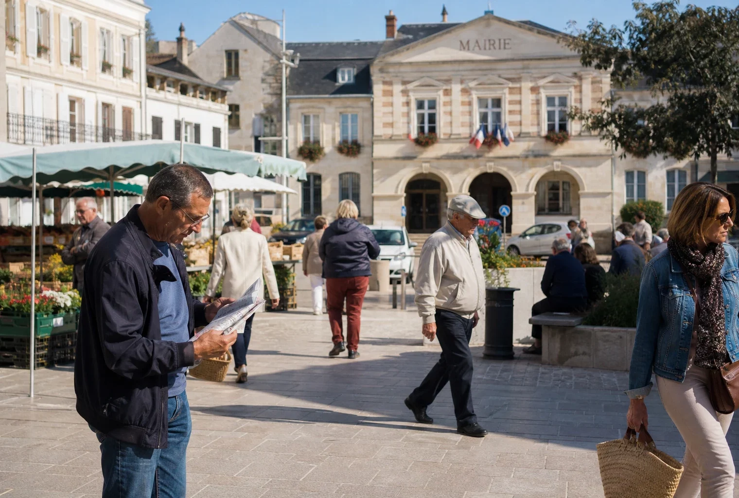 Scène de rue française près d’une mairie de ville moyenne, avec habitants anonymes et marché local en arrière-plan.