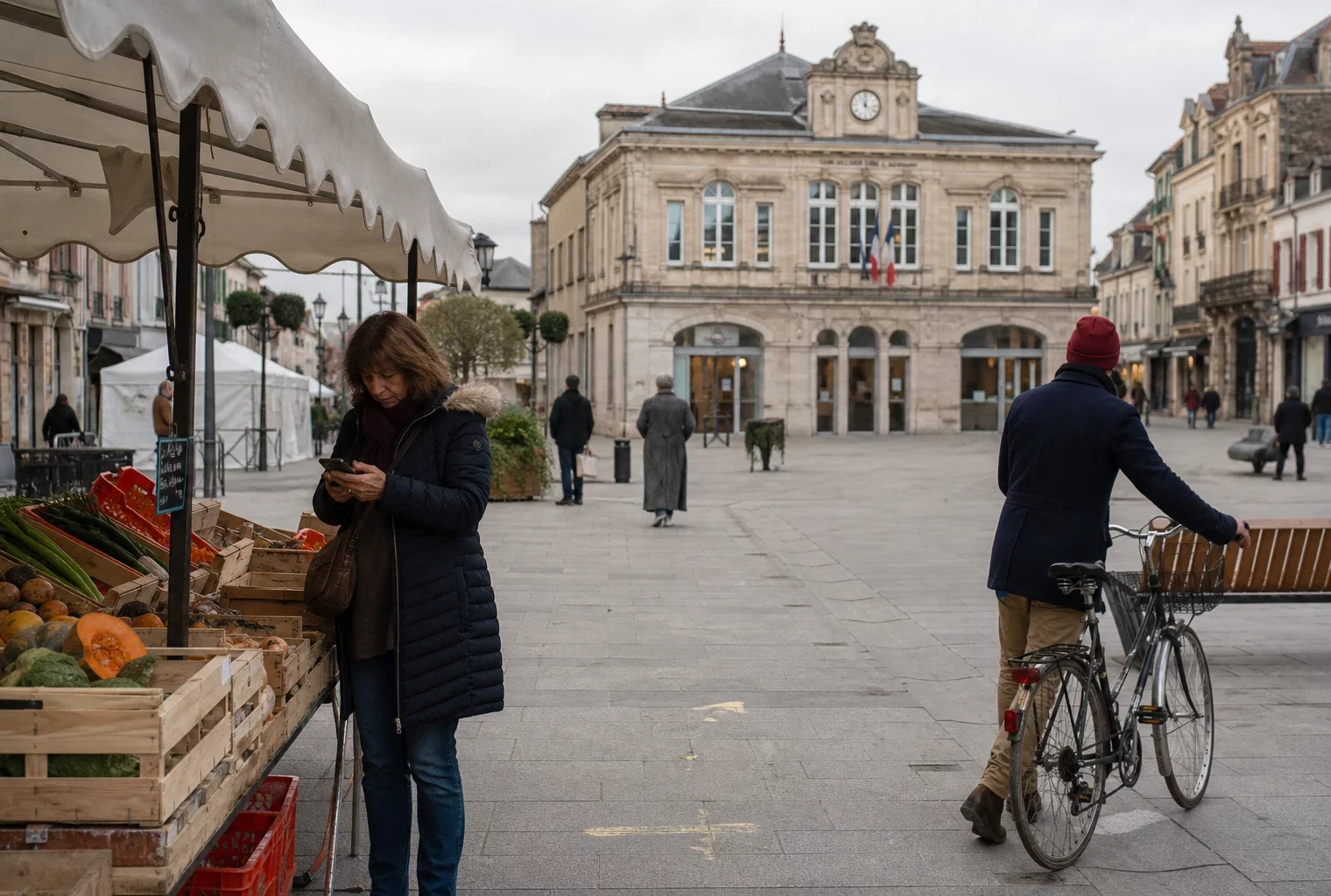 Place de commune française avec marché, passants anonymes et ambiance quotidienne en lumière naturelle.