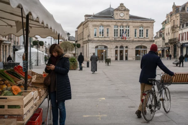 Place de commune française avec marché, passants anonymes et ambiance quotidienne en lumière naturelle.