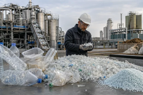 Technicien inspectant des paillettes et granulés de plastique recyclé devant une installation industrielle de recyclage en France.