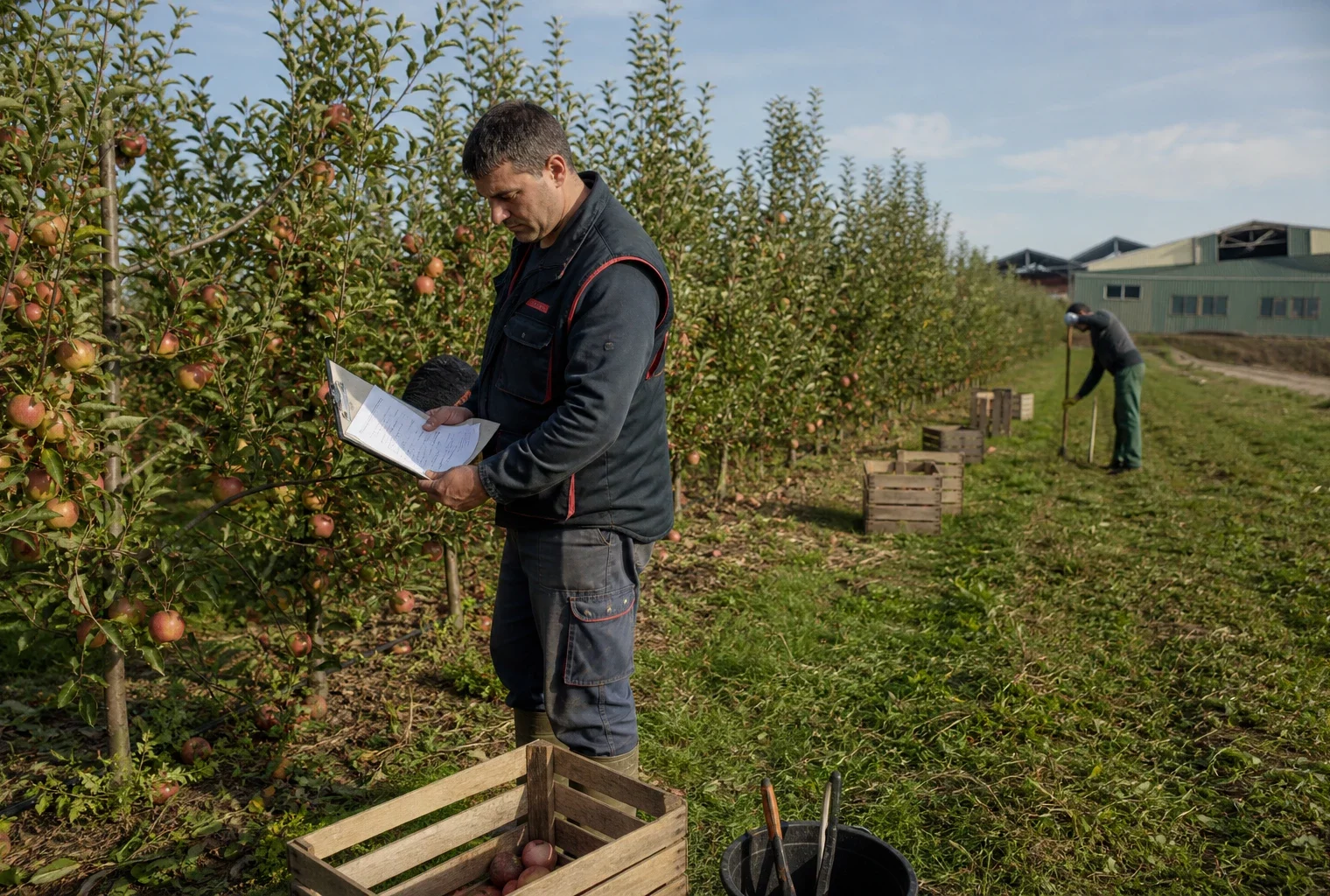 Reportage photo d’un verger français avec un agriculteur qui inspecte les arbres et du matériel de travail au sol.