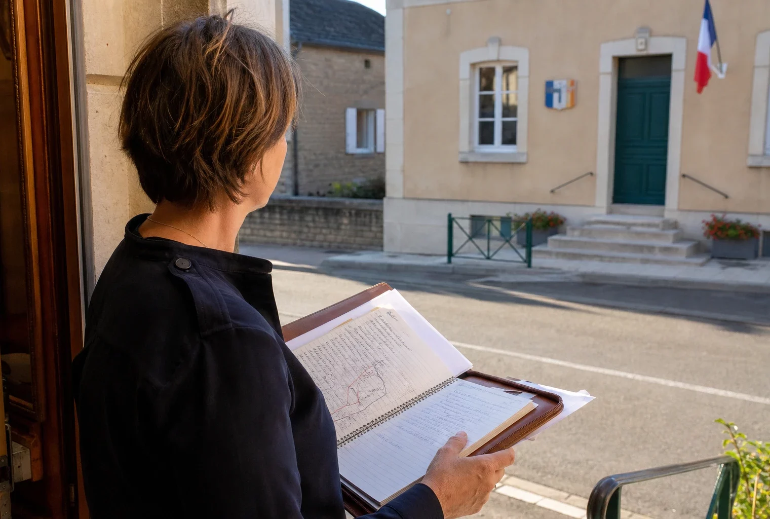Un élu local tient un dossier devant la mairie, sur fond de rue française, dans une scène de reportage naturelle.