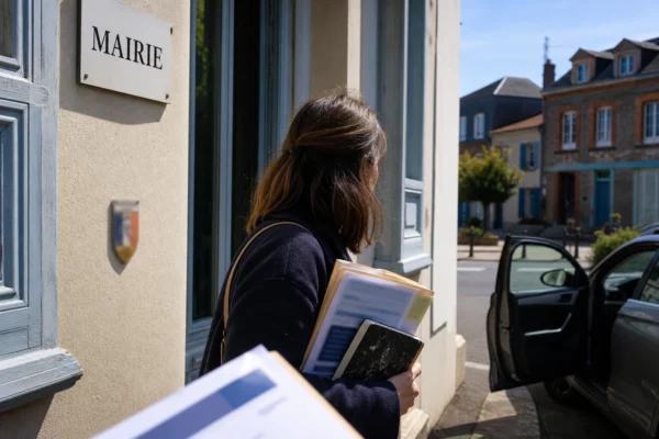 Collaborateur municipal anonyme devant une mairie de province, dossier à la main, dans une lumière naturelle claire.