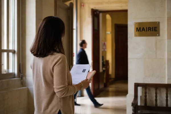 Collaborateur municipal anonyme dans un couloir de mairie, dossier à la main, ambiance de reportage naturel.