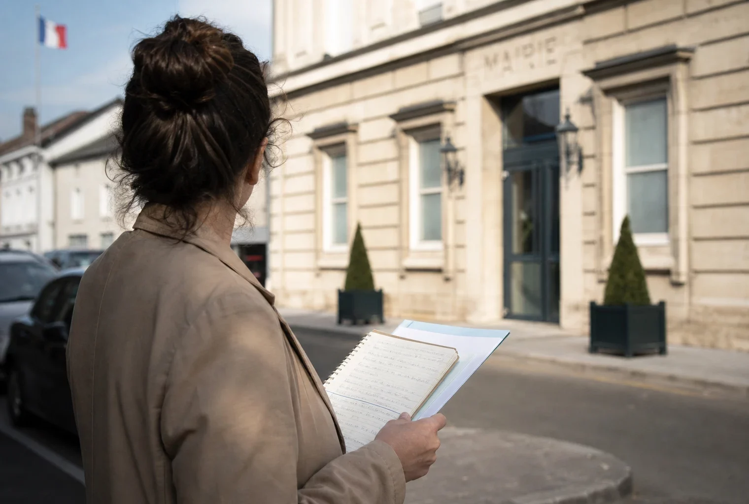 Un collaborateur municipal anonyme tient un carnet devant la mairie de Grenoble, en portrait de rue naturel.