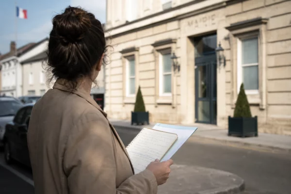 Un collaborateur municipal anonyme tient un carnet devant la mairie de Grenoble, en portrait de rue naturel.