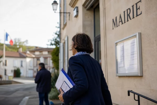 Un élu local de dos avec un carnet devant une mairie française, dans une ambiance de campagne estivale.