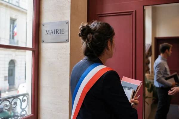 Un élu local anonyme tient un carnet dans un couloir de mairie, avec une rue parisienne floue en arrière-plan.