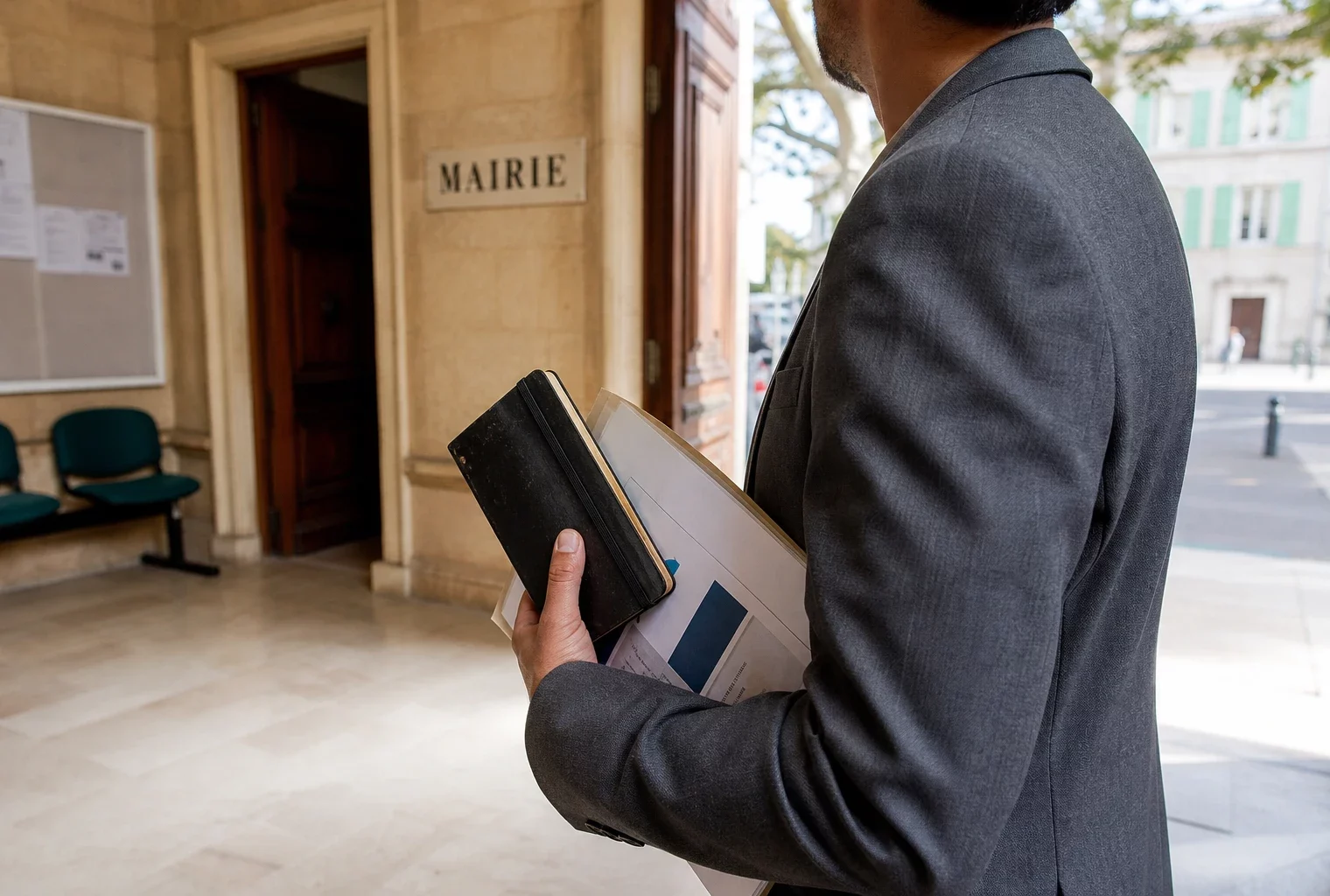 Un collaborateur anonyme de campagne dans le hall lumineux d’une mairie française, carnet en main, en lumière naturelle.