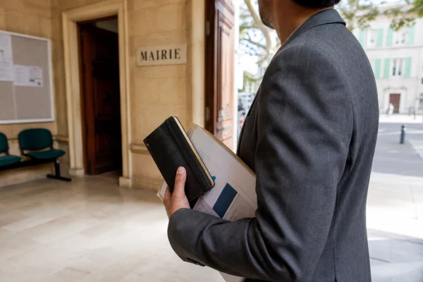 Un collaborateur anonyme de campagne dans le hall lumineux d’une mairie française, carnet en main, en lumière naturelle.