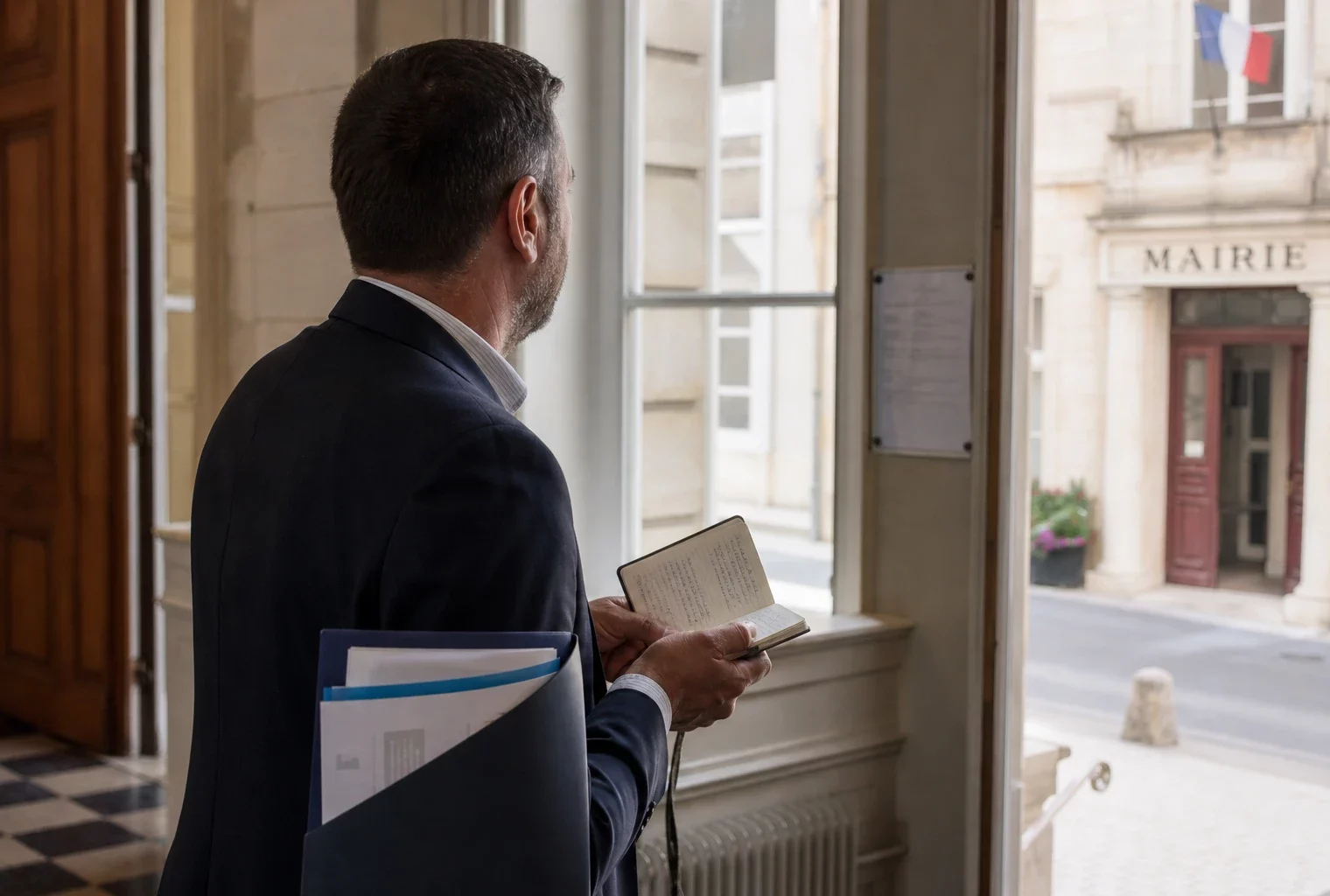 Portrait photojournalistique d’un élu local anonyme avec carnet devant une mairie française lumineuse.