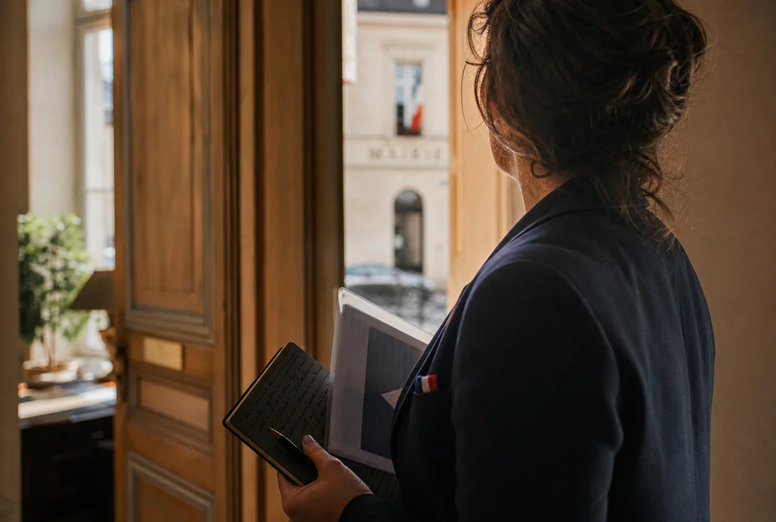 Un collaborateur anonyme tient un dossier dans un couloir de mairie, avec une rue française floue en arrière-plan.