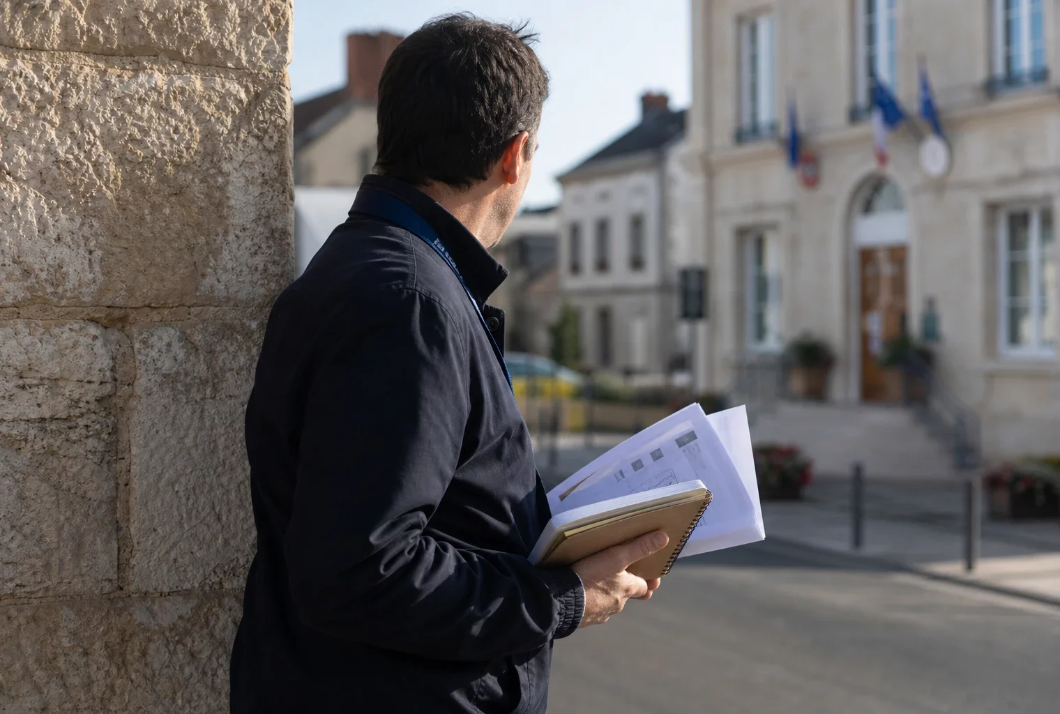 Portrait photojournalistique d’un collaborateur anonyme devant une mairie française, carnet à la main, en lumière naturelle.