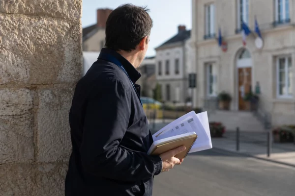 Portrait photojournalistique d’un collaborateur anonyme devant une mairie française, carnet à la main, en lumière naturelle.