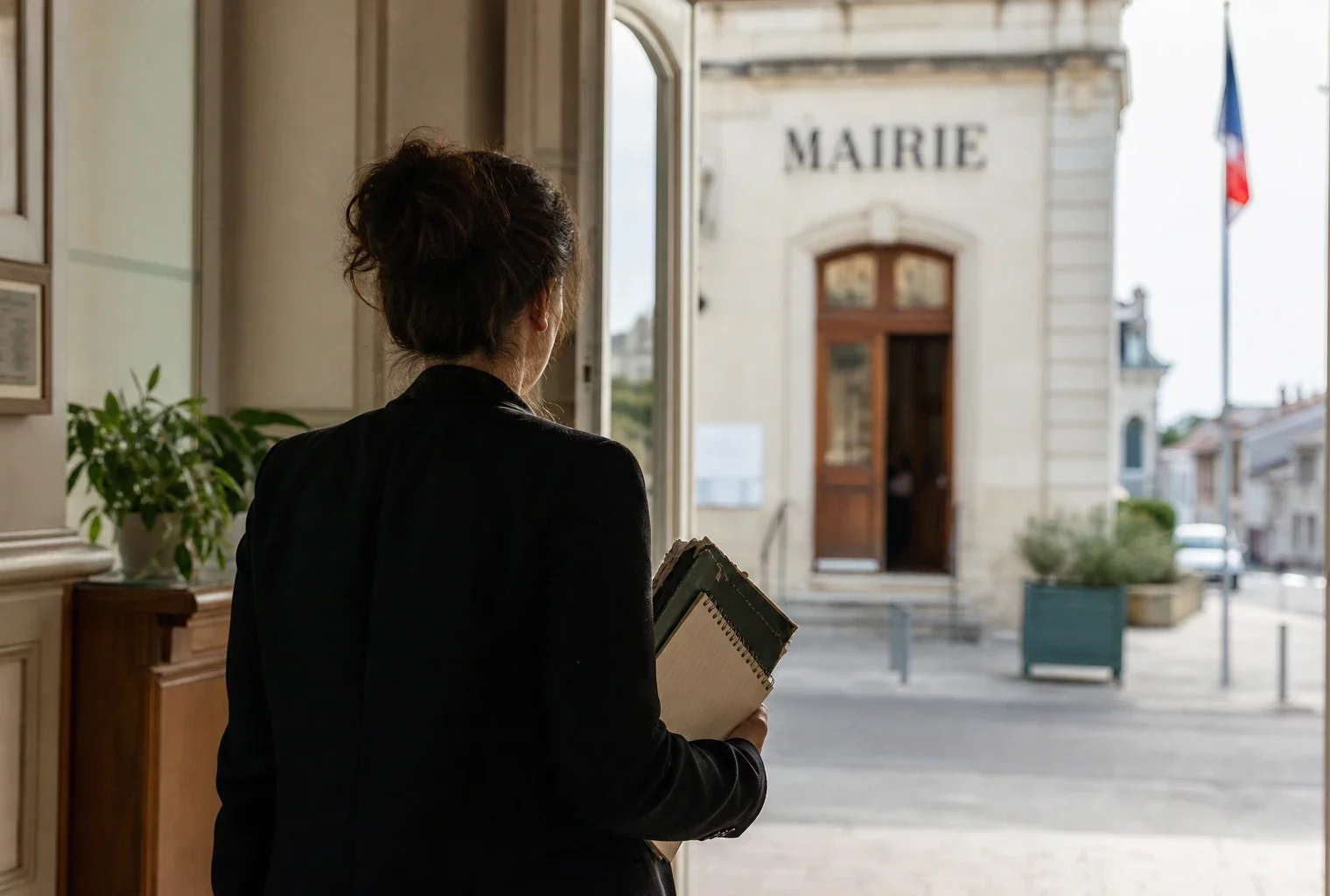 Un élu local de dos consulte un dossier devant une mairie lumineuse, dans une ambiance de reportage politique.