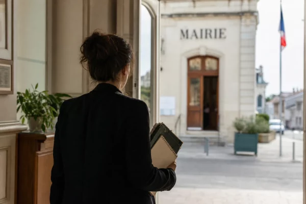 Un élu local de dos consulte un dossier devant une mairie lumineuse, dans une ambiance de reportage politique.