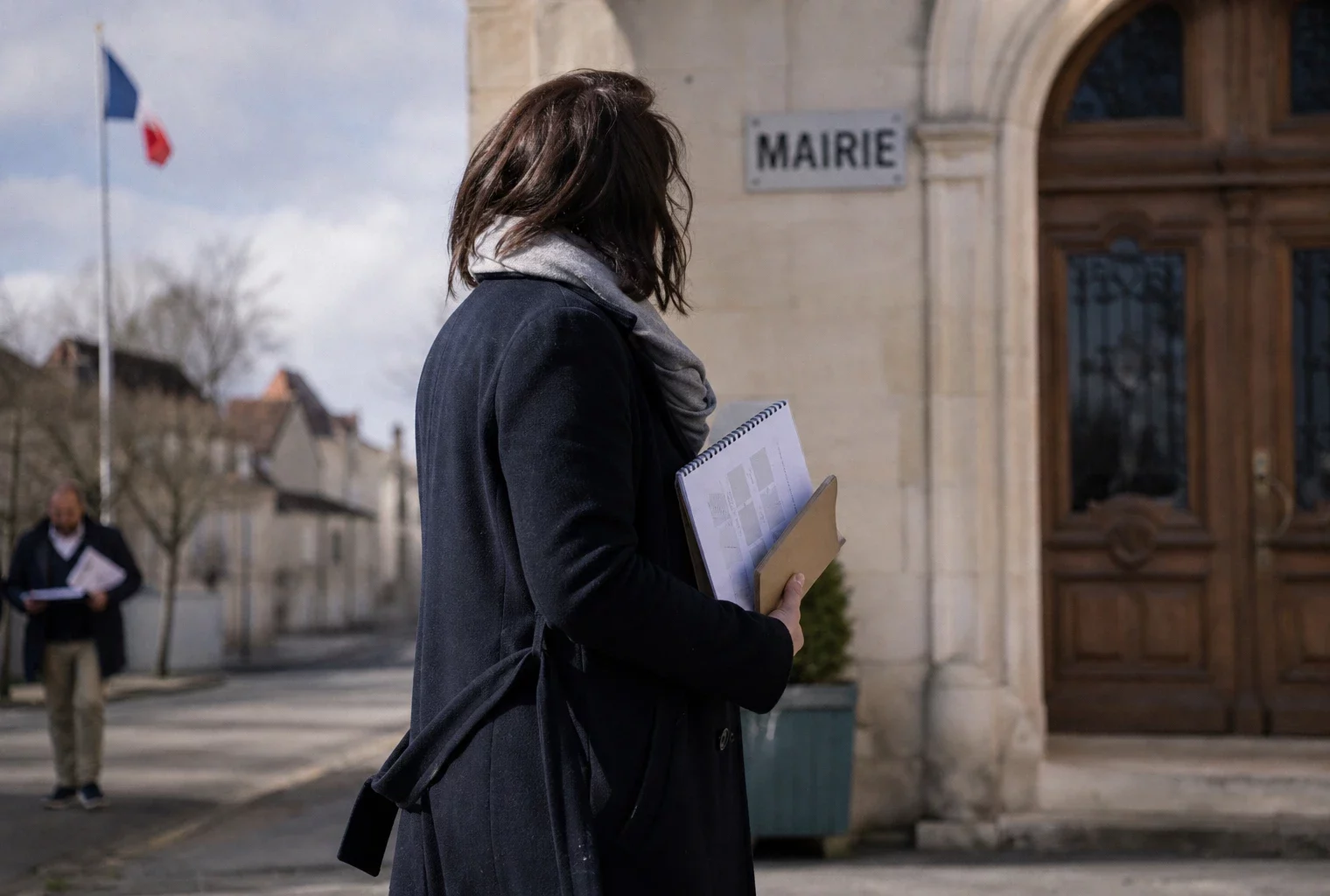 Portrait d’un élu local anonyme devant une mairie française, carnet en main, dans une lumière naturelle douce.