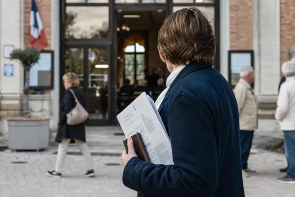 Portrait documentaire d’un élu local anonyme devant une mairie française, dossier en main après un conseil municipal tendu.