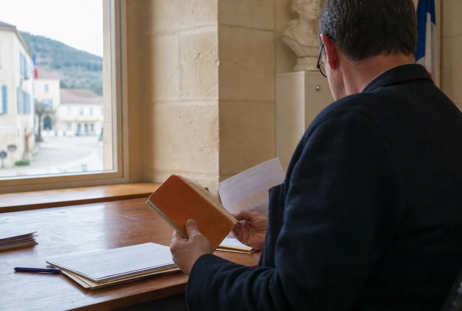 Un élu local de dos consulte un dossier dans une mairie française lumineuse, en arrière-plan une rue calme.