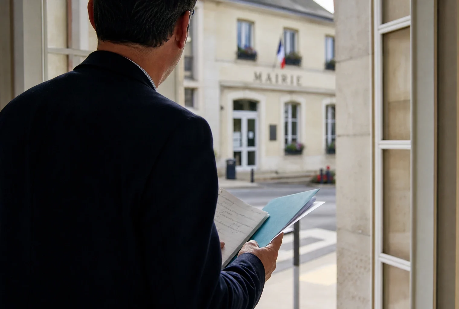 Un élu local de dos dans un couloir de mairie, carnet à la main, avec la façade municipale floue en arrière-plan.