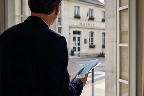Un élu local de dos dans un couloir de mairie, carnet à la main, avec la façade municipale floue en arrière-plan.