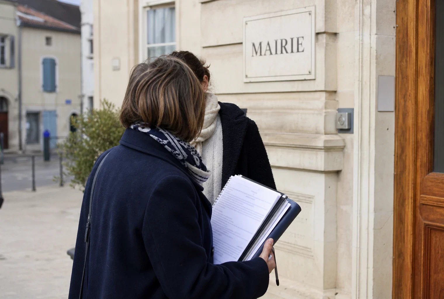Un élu local anonyme note sur un carnet devant une mairie française, dans une scène de reportage claire et naturelle.