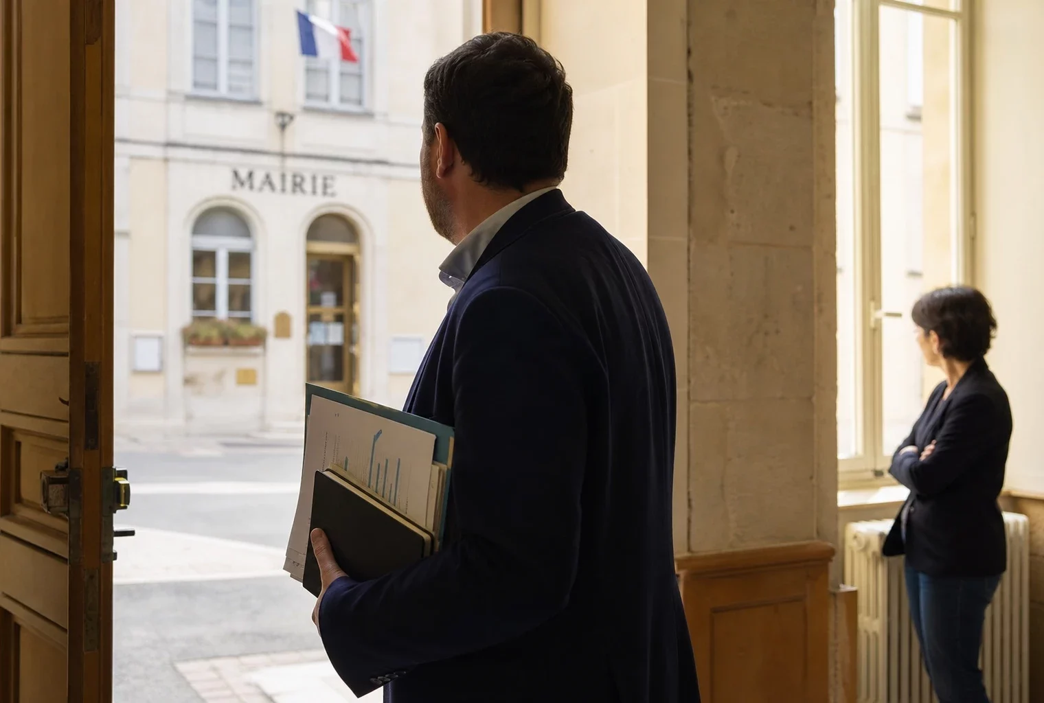 Élu local anonyme dans une mairie française, vu de dos avec dossier en main, dans une lumière naturelle de reportage.