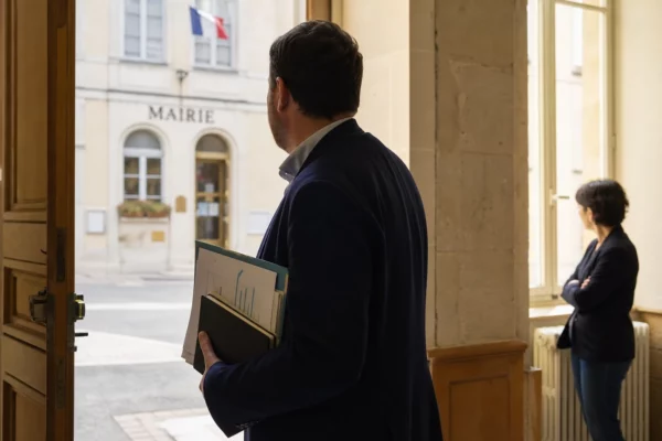 Élu local anonyme dans une mairie française, vu de dos avec dossier en main, dans une lumière naturelle de reportage.