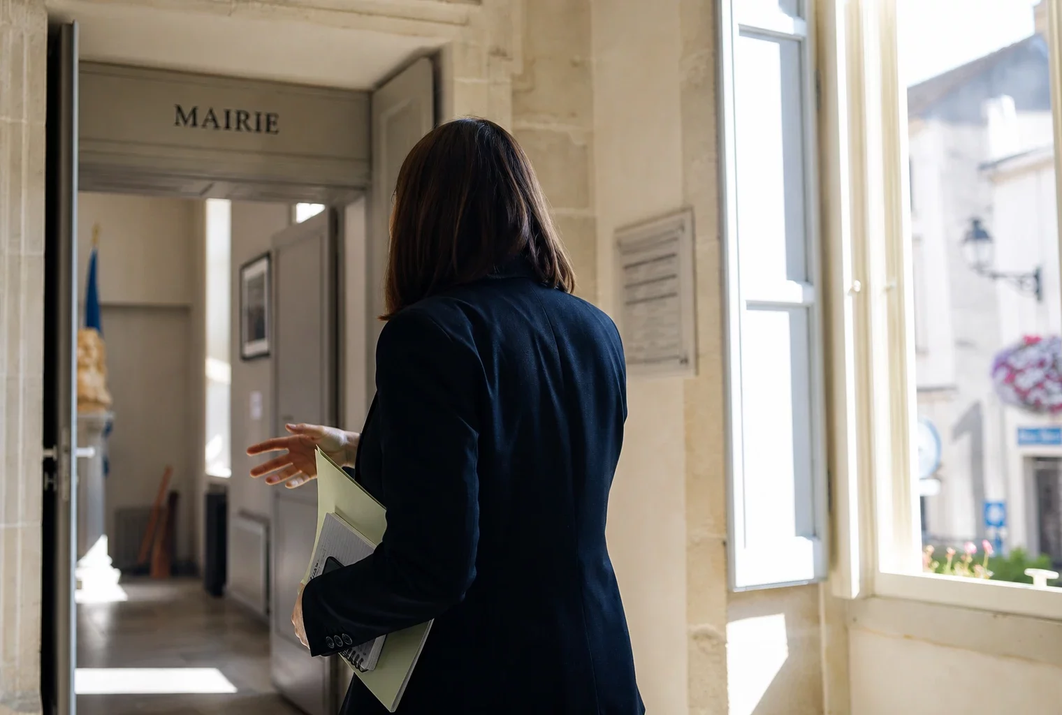 Portrait d’un élu local anonyme dans une mairie française, dossier en main, ambiance civique et lumineuse.