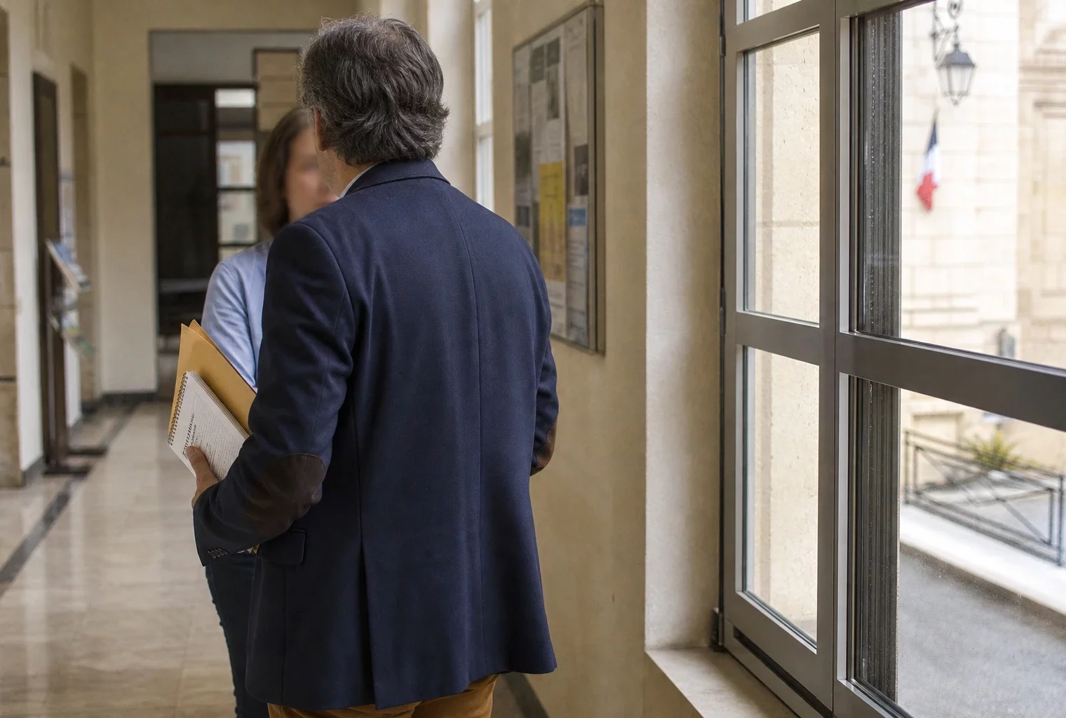 Élu local anonyme dans un couloir de mairie, tenant un dossier, avec une rue française en arrière-plan.