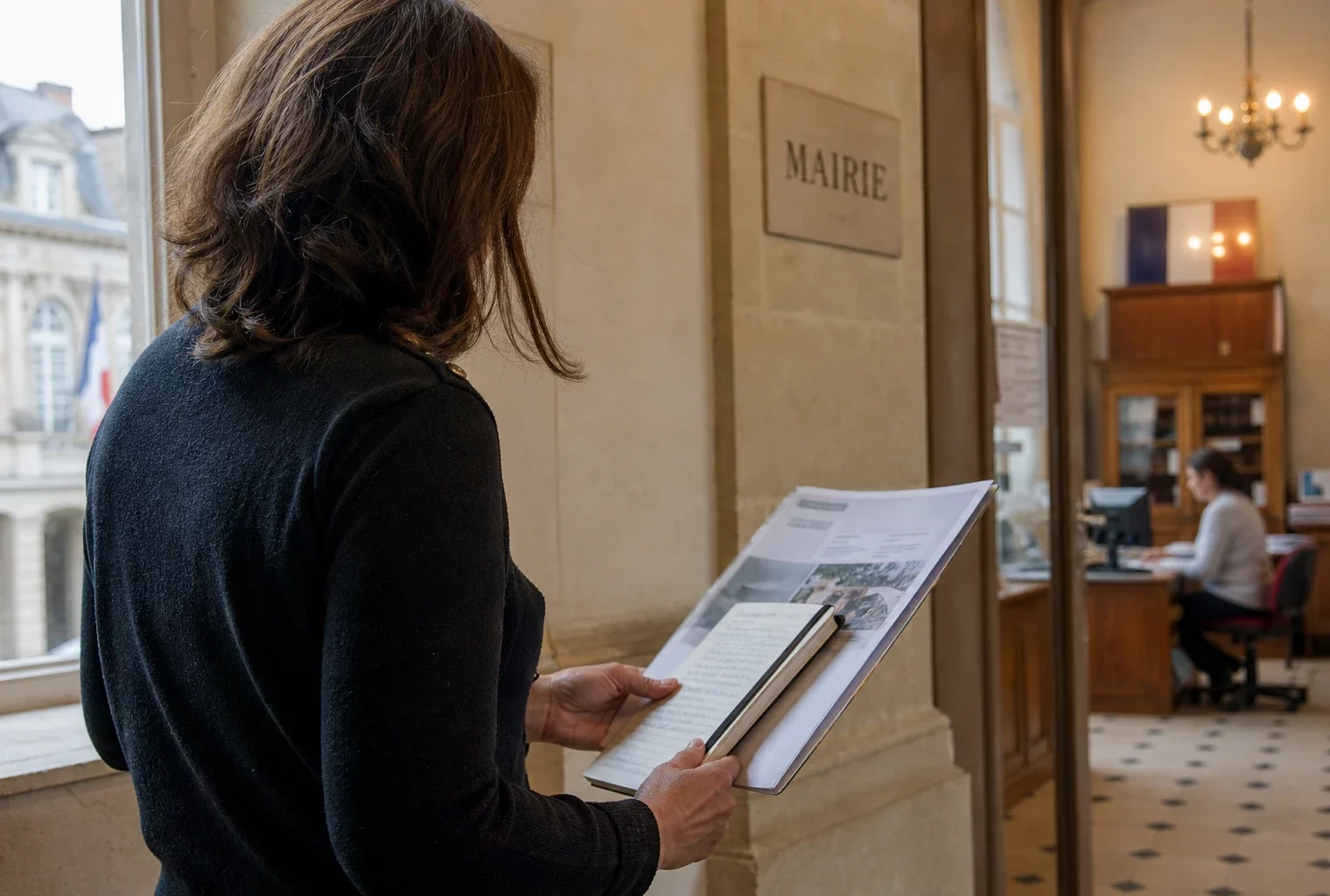 Collaborateur de mairie de dos tenant un dossier et un carnet dans un couloir lumineux de mairie