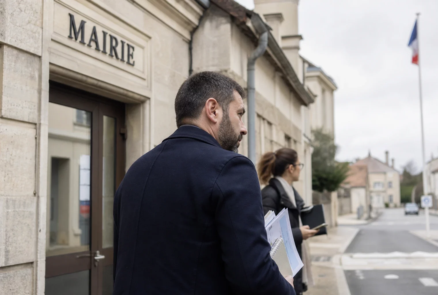 Élu local anonyme tenant un carnet devant une mairie, dans une scène de portrait politique en lumière naturelle.