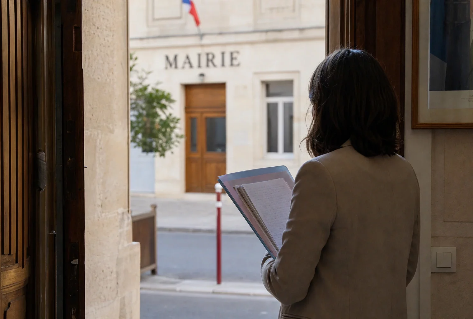 Un collaborateur de mairie tient un dossier et un carnet dans un couloir municipal lumineux, avec la rue en arrière-plan.