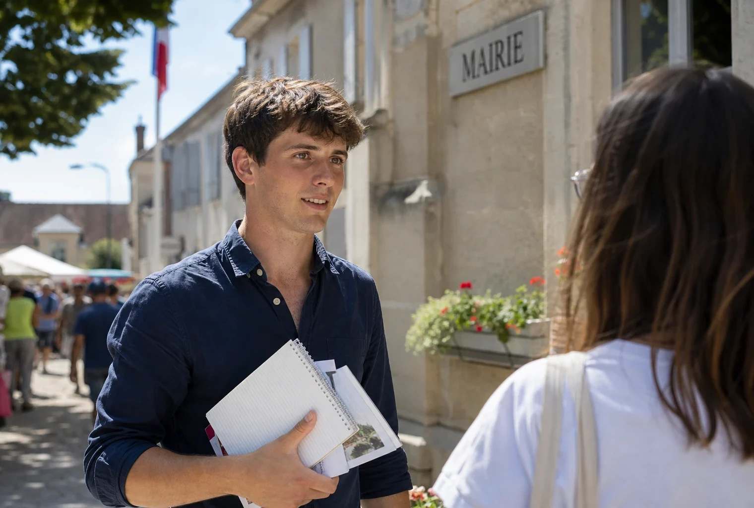 Jeune militant anonyme tenant des tracts près d’une mairie, sur fond de rue et marché français