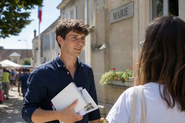 Jeune militant anonyme tenant des tracts près d’une mairie, sur fond de rue et marché français