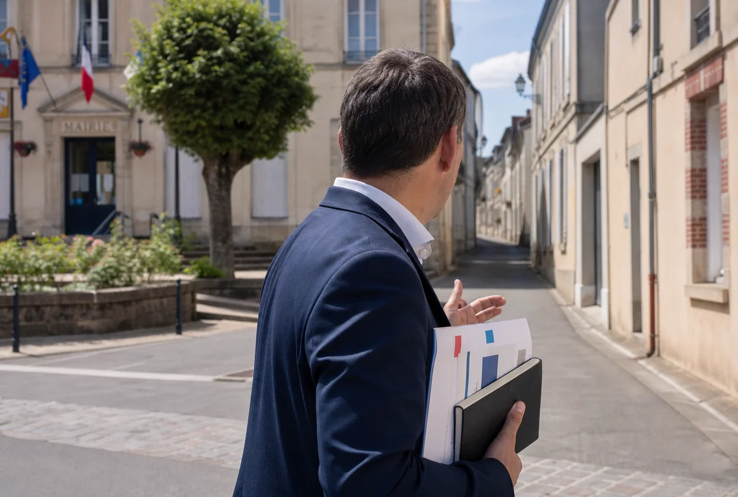 Un élu local anonyme de dos consulte un carnet devant une mairie de province, en lumière naturelle