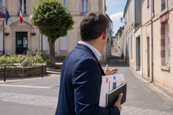 Un élu local anonyme de dos consulte un carnet devant une mairie de province, en lumière naturelle