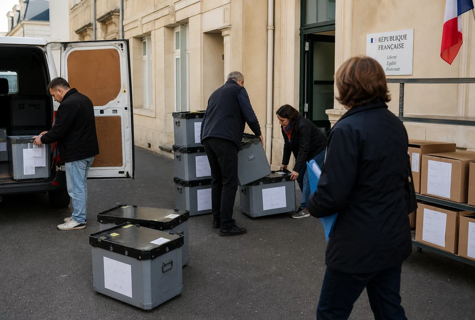 Des agents anonymes préparent des cartons électoraux dans un bâtiment administratif français, devant un véhicule utilitaire non marqué.
