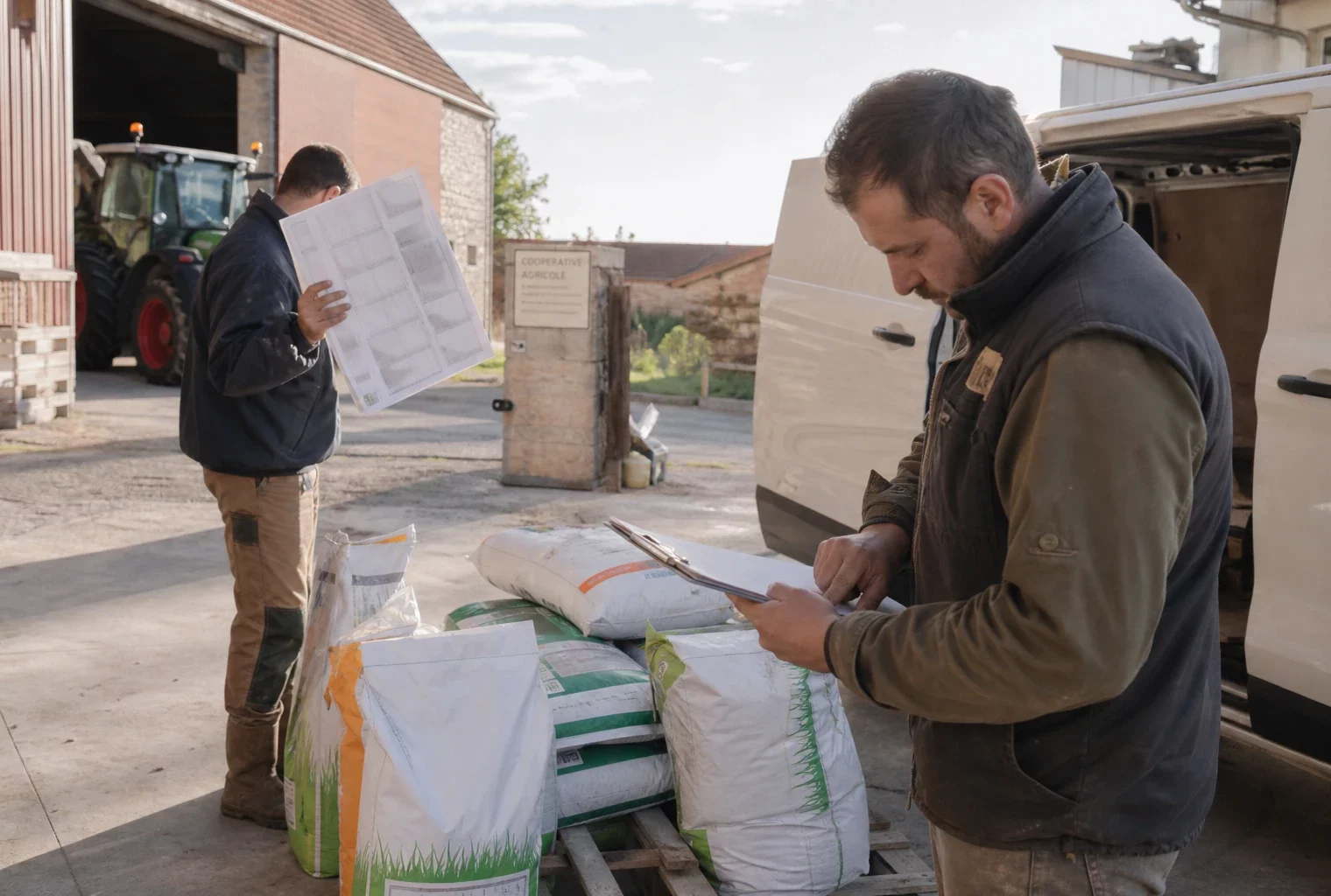 Dans une coopérative agricole de village, deux travailleurs consultent des documents dans une lumière naturelle.