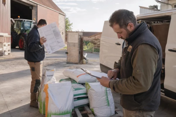 Dans une coopérative agricole de village, deux travailleurs consultent des documents dans une lumière naturelle.