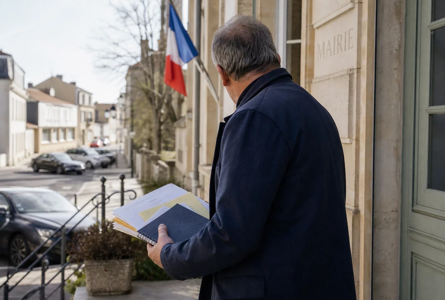 Élu local anonyme de dos devant une mairie de village, carnet et dossier à la main, dans une rue française calme.