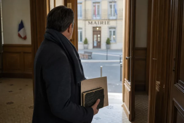 Un élu local de dos dans une mairie française, carnet en main, devant une rue de ville en lumière naturelle.