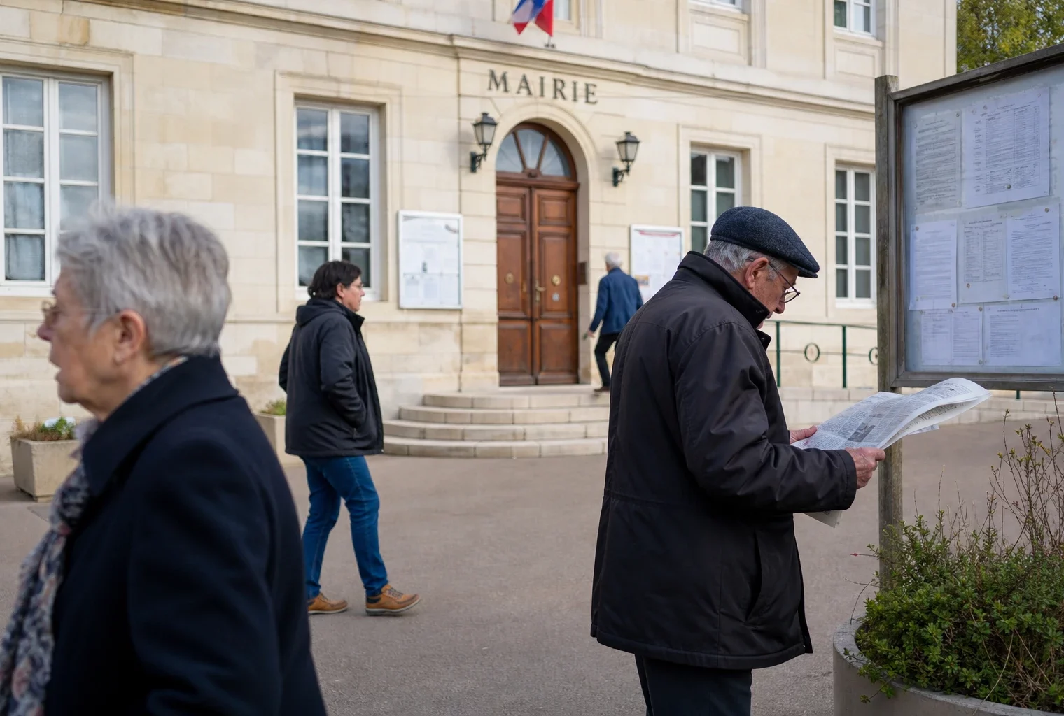 Devant une mairie de petite ville française, des passants anonymes regardent un panneau d’affichage flou en plein jour.